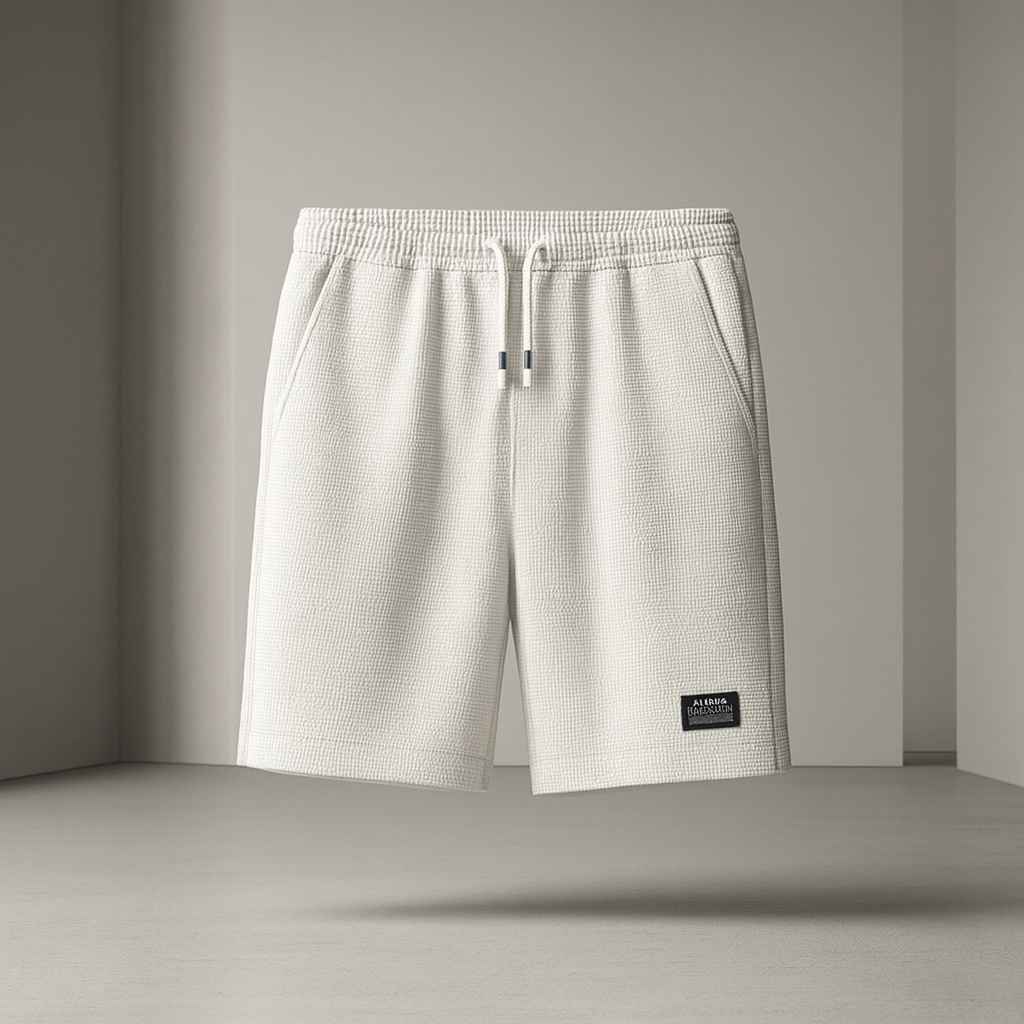 Shorts uomo comodi estivi a nido d'ape, con vita elastica, coulisse e tasche, perfetti per home wear e relax.