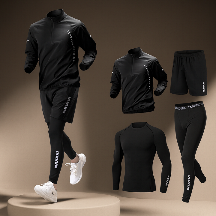 Completo sportivo uomo 4 pezzi: activewear versatile per allenamento, sport e tempo libero. Abbigliamento comodo e alla moda.