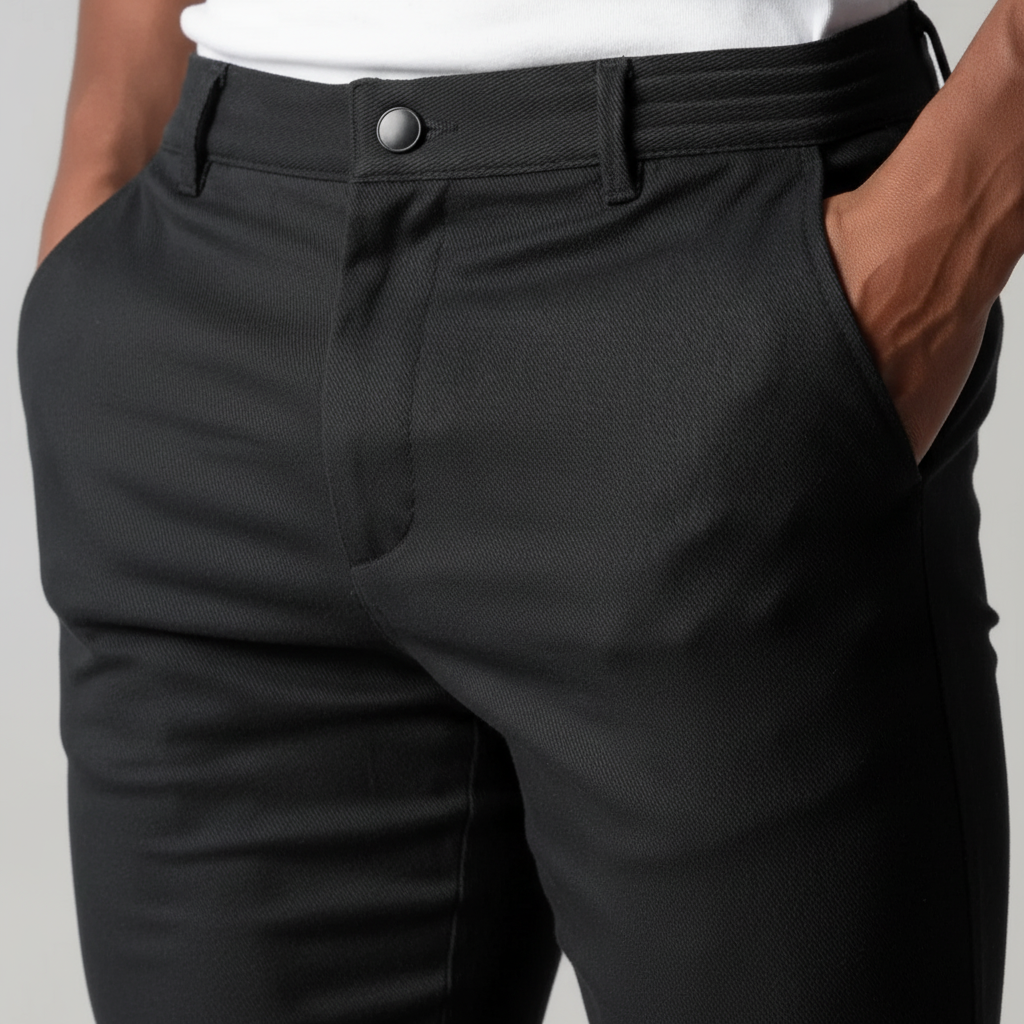Pantaloni chino neri uomo, vestibilità slim ed elegante. Perfetti per abbigliamento maschile formale o casual chic.