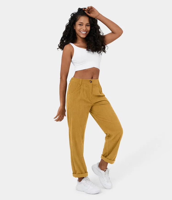 Pantaloni donna sartoriali a coste, perfetti per look eleganti e confortevoli. Ideali per ufficio e tempo libero.