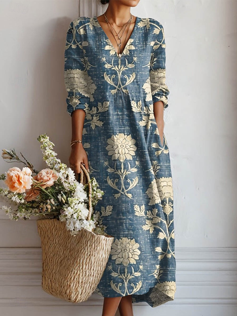 Abito midi floreale donna blu con scollo a V e tasche, ideale per primavera/estate, casual ed elegante.