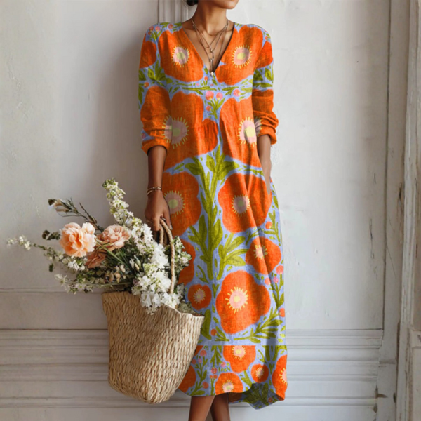Abito floreale incantato donna midi vintage comodo. Stile bohémien, ideale per primavera estate e taglie grandi.