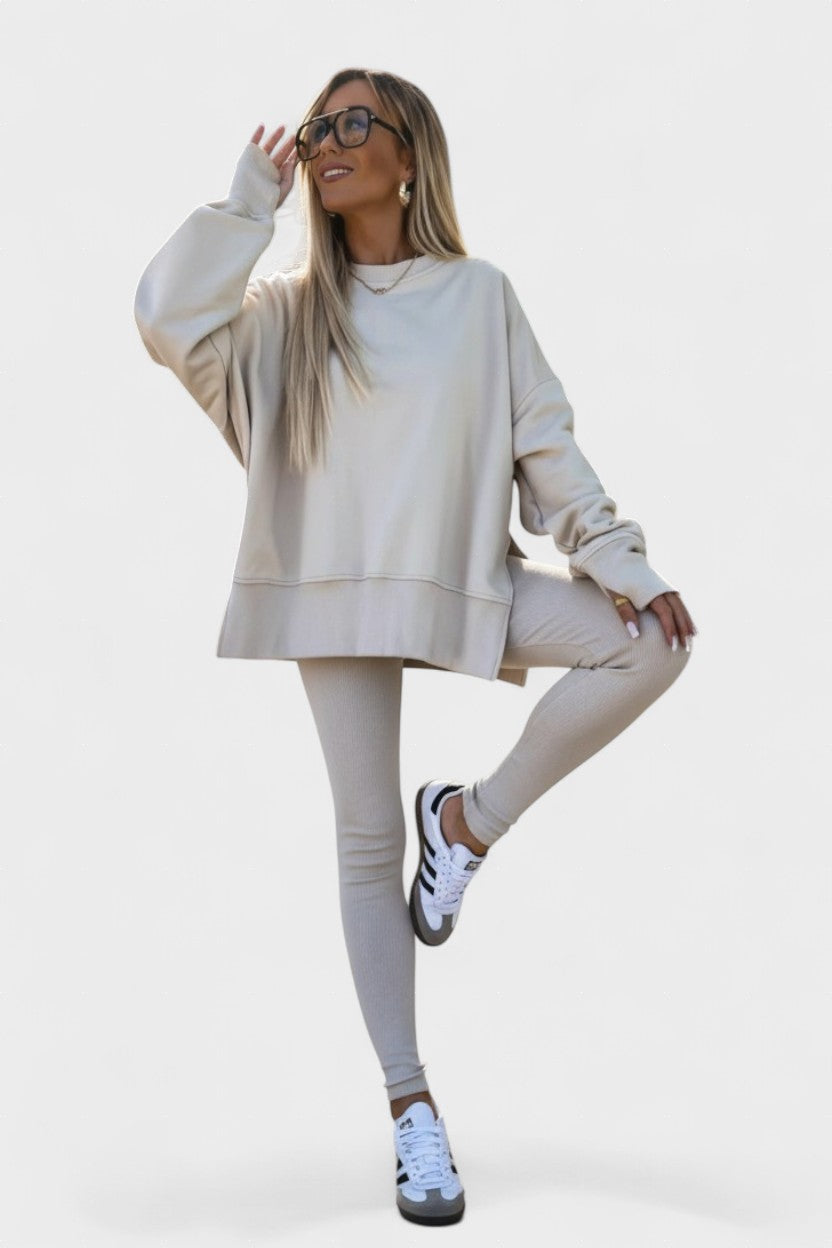 Completo due pezzi donna oversize autunno/inverno, vestibilità comoda, stile casual-elegante.
