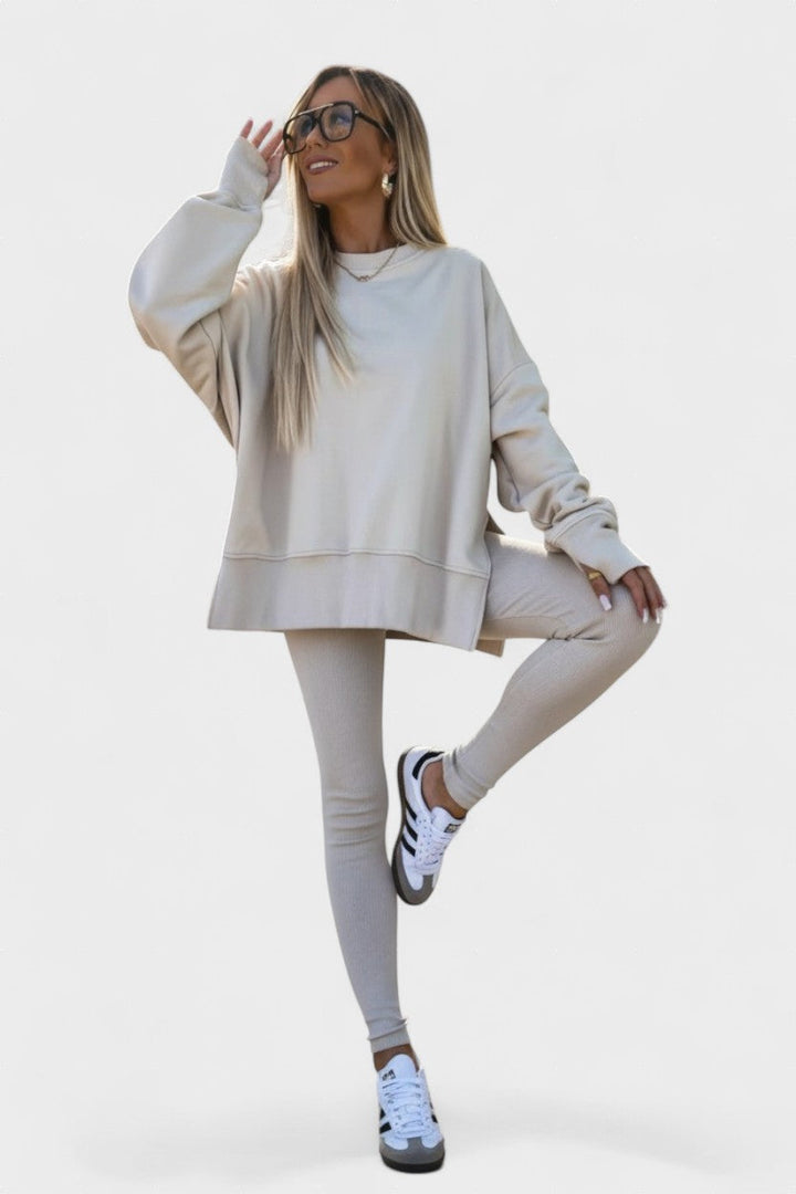 Completo due pezzi donna oversize autunno/inverno, vestibilità comoda, stile casual-elegante.