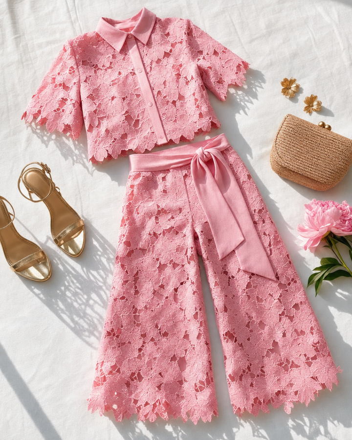 Outfit completo due pezzi donna: top in pizzo floreale e pantalone palazzo fluido, perfetto per cerimonie.