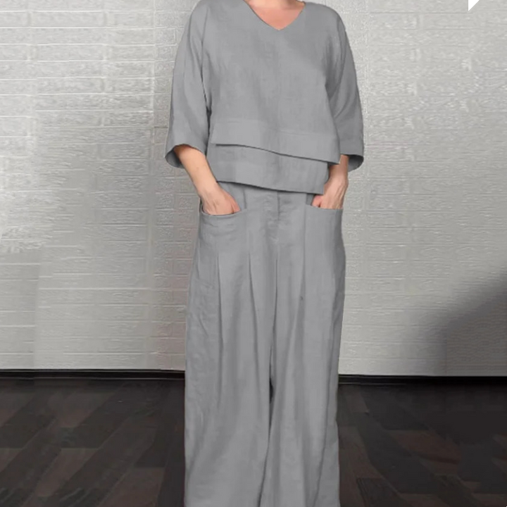 Completo casual-elegante due pezzi donna, ideale per un look rilassato ma chic, con tasche pratiche per ogni giorno.