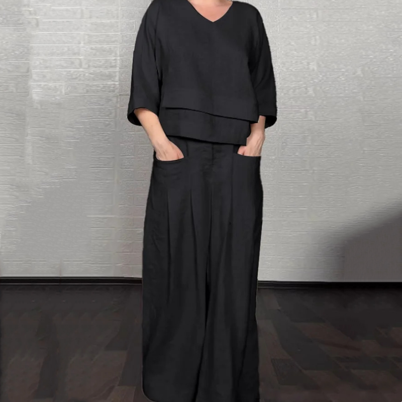 Set moda donna due pezzi oversize, un completo versatile con tasche, perfetto per outfit primaverili ed estivi.