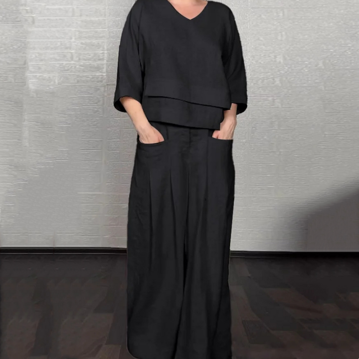 Set moda donna due pezzi oversize, un completo versatile con tasche, perfetto per outfit primaverili ed estivi.