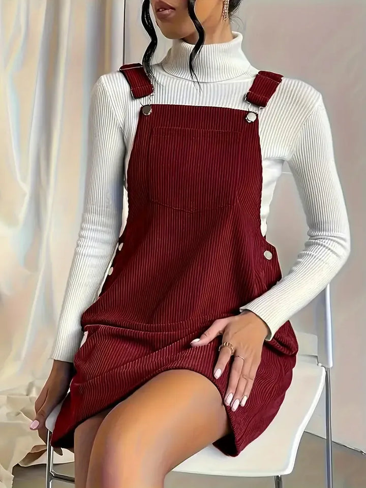 Composizione outfit con abito salopette donna dritto. Vestito casual versatile, stile chic.