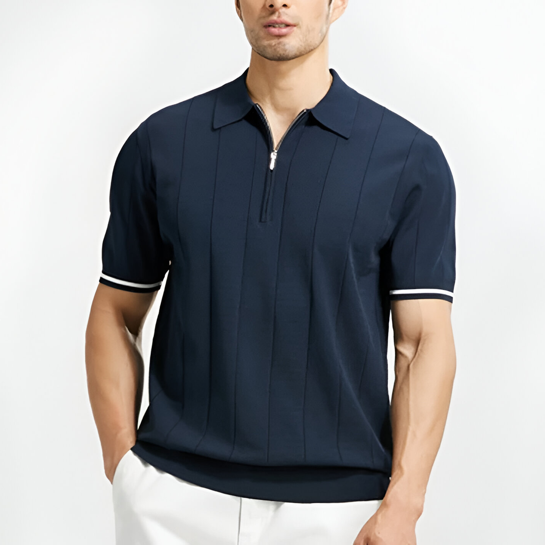 Maglietta polo uomo estiva a manica corta con design a righe e mezza zip. Ideale per look casual.