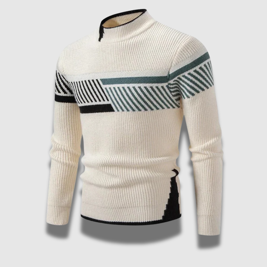 Uomo indossa maglione morbido lavorato a maglia, ideale per un look casual o elegante autunno/inverno.