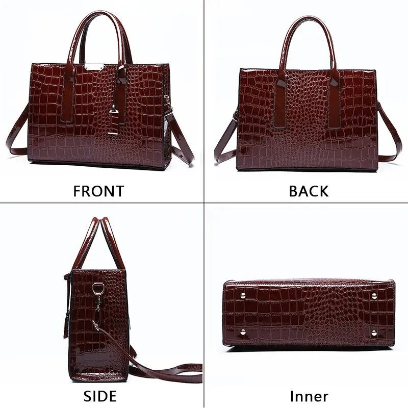 Dettaglio borsa a mano donna in similpelle effetto coccodrillo. Nuova collezione, accessorio elegante e di tendenza per outfit chic.