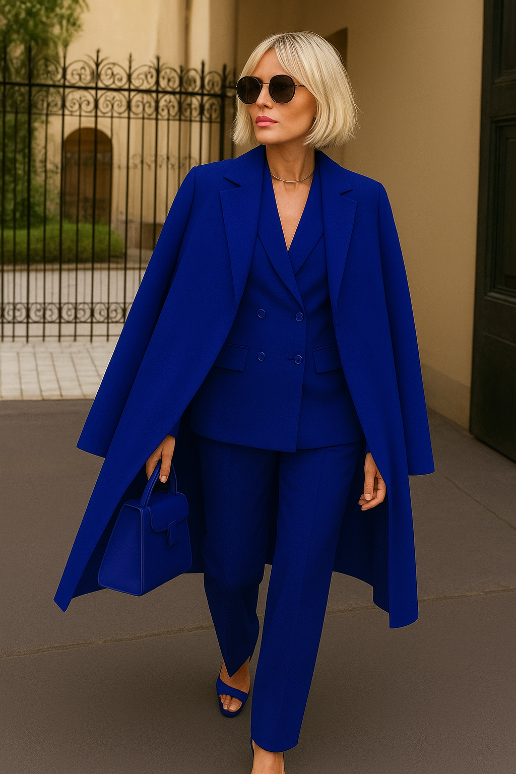 Look formale donna: completo tre pezzi versatile con blazer, pantaloni e cappotto elegante.