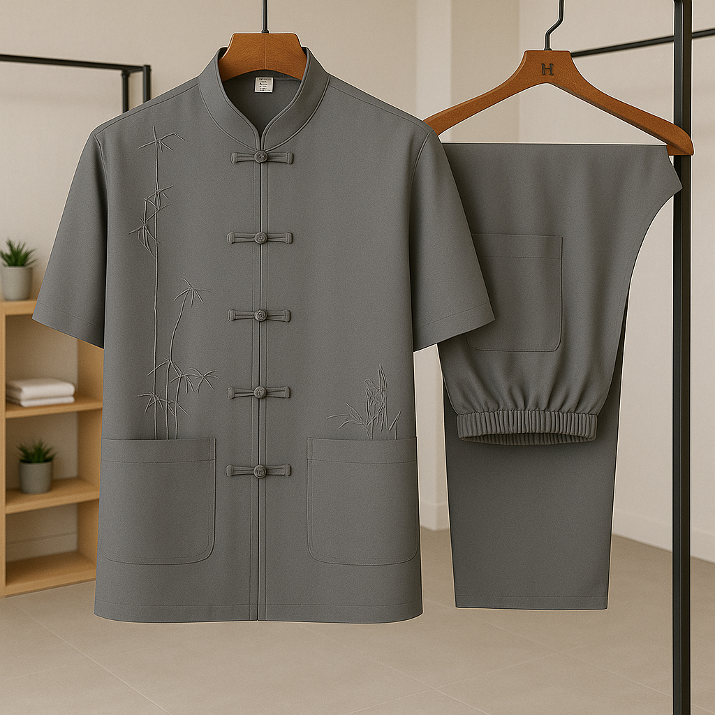 Moda uomo: set estivo tradizionale due pezzi con ricamo bambù e originale chiusura annodata. Ideale per l'estate.