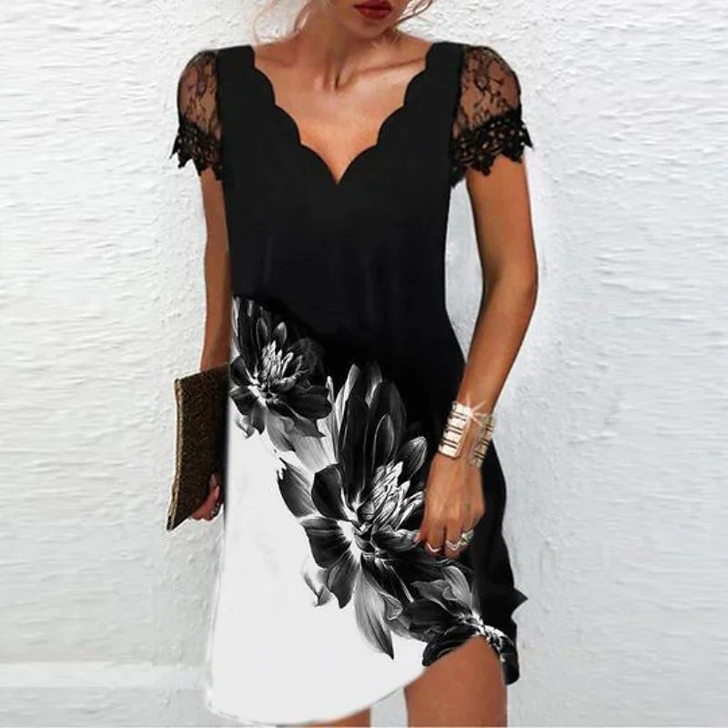 Vestito da donna elegante con scollo smerlato e taglio senza maniche, ideale per serate di gala e moda chic.