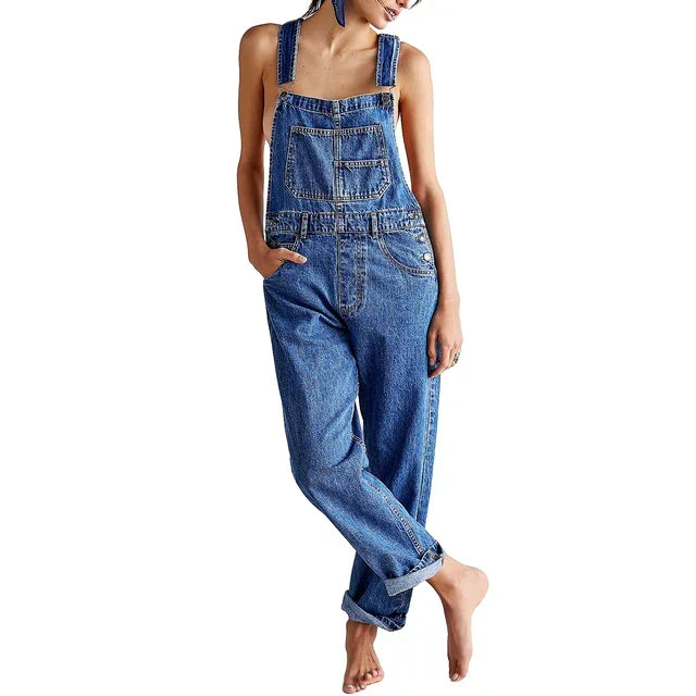 Tuta da donna in denim estiva casual chic con gamba larga e spalline sottili, perfetta per la moda estiva.
