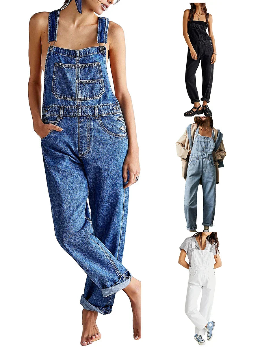 Tuta denim donna estiva, un must-have casual chic. Gamba larga e spalline sottili per un outfit comodo e alla moda.