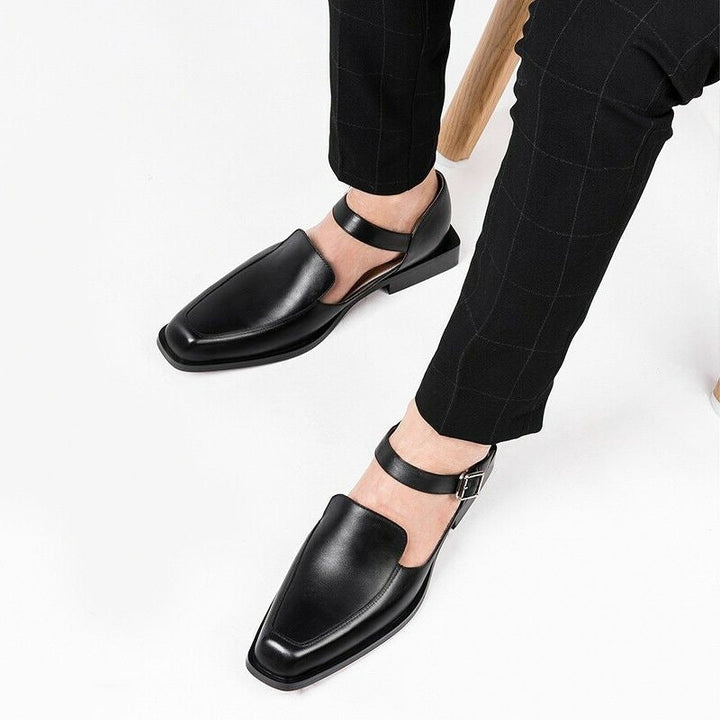 Eleganti sandali donna estivi neri con punta chiusa e fasce decorative, perfetti per la moda estiva e il comfort.