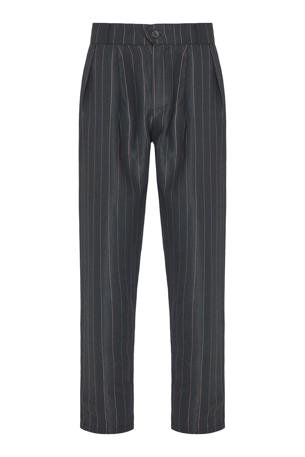 Pantaloni uomo neri a righe, vestibilità comoda e vita media. Perfetti per un look streetwear casual o elegante.