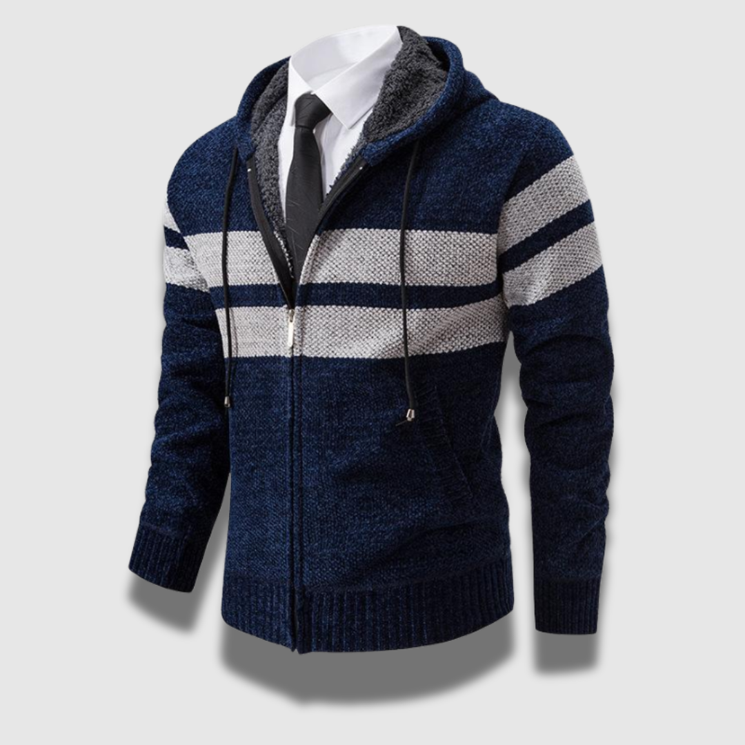 Giacca uomo con cappuccio a righe, stile vintage confortevole. Abbigliamento casual maschile.