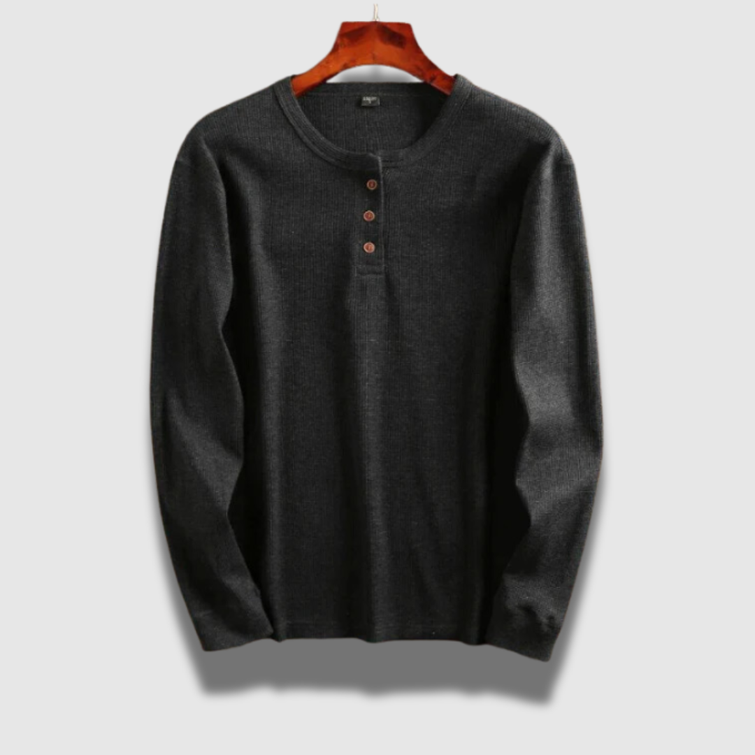 Collo abbottonato di camicia Henley uomo, manica lunga, design casual-elegante per comfort traspirante e versatilità.