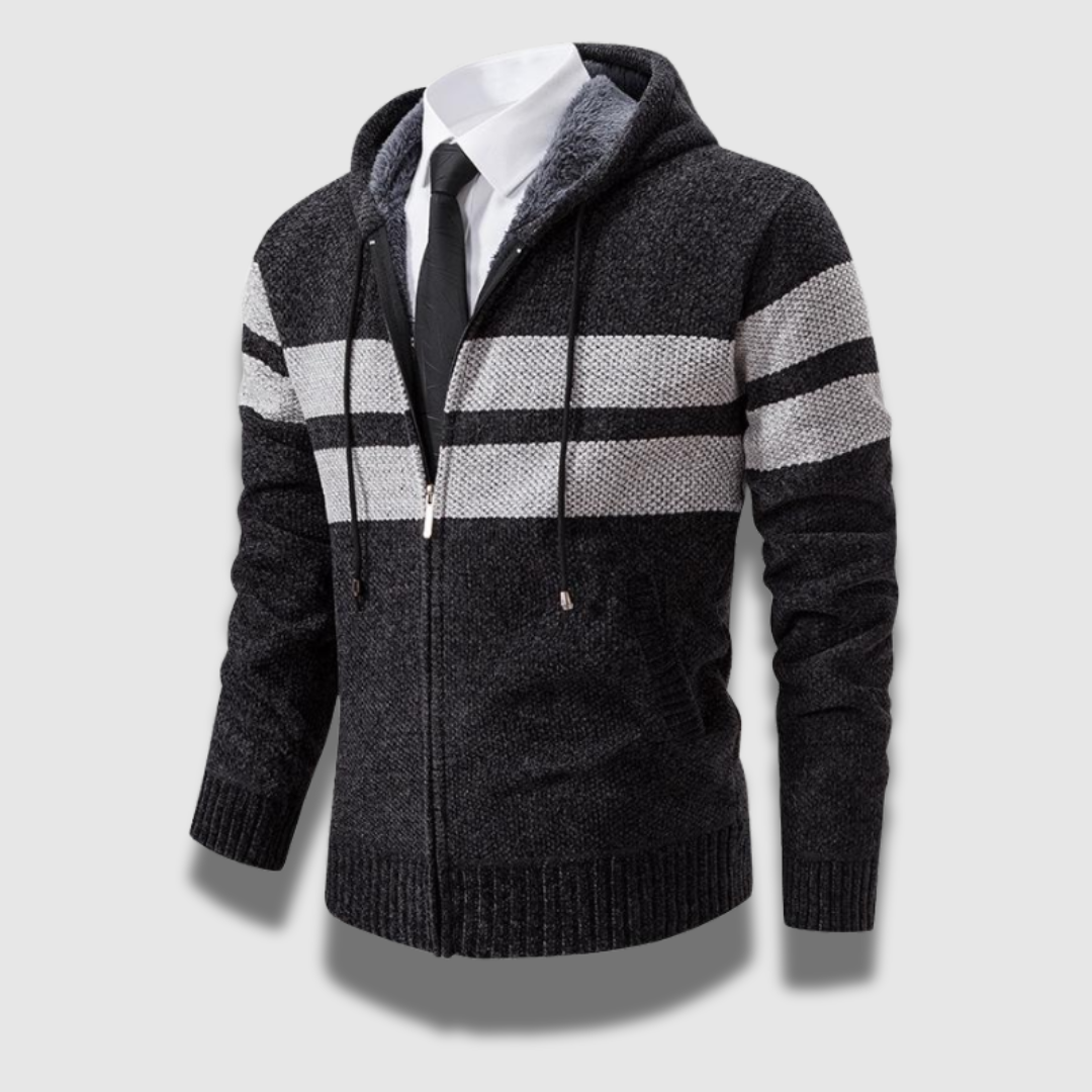 Giacca uomo a righe, design vintage con cappuccio. Abbigliamento maschile per autunno.
