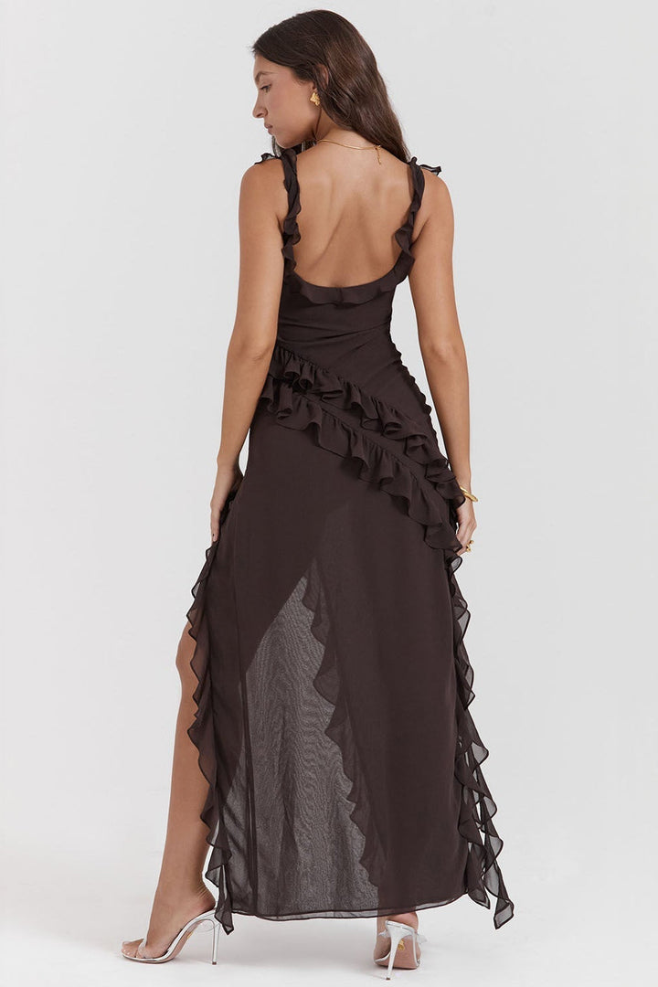 Abito lungo primaverile con eleganti volant e spacco, vestito donna versatile.