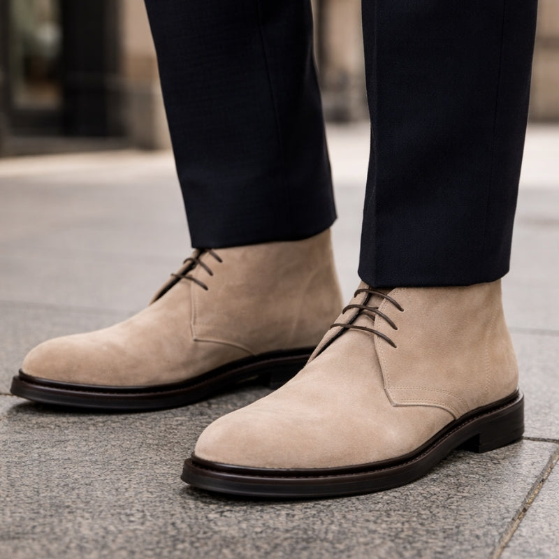 Stivali polacchine rialzate 7cm da uomo beige. Comfort e stile per eleganza quotidiana.