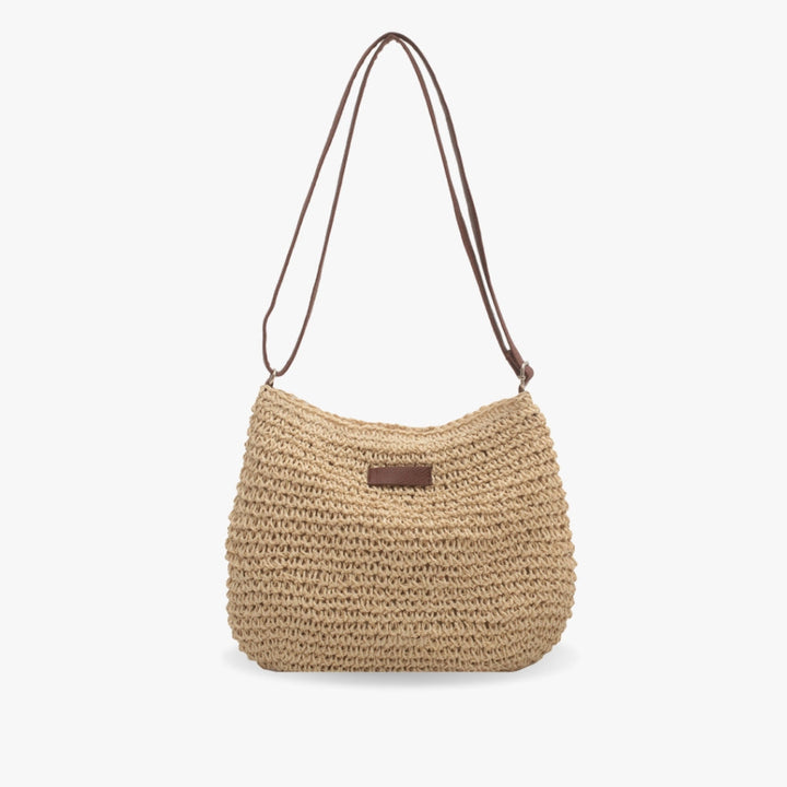 Borsa a spalla intrecciata beige per donna. Accessorio moda versatile, ideale per uso quotidiano.