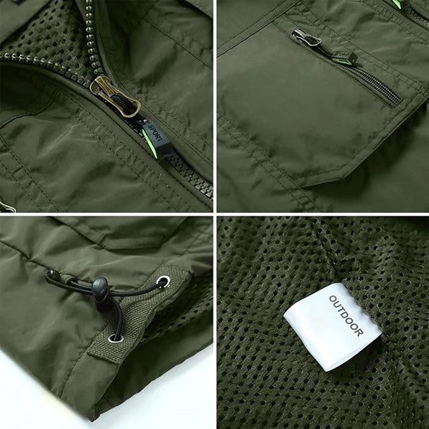 Dettaglio gilet uomo senza maniche in pile, chiusura a cerniera e tasche, perfetto per trekking e outdoor.