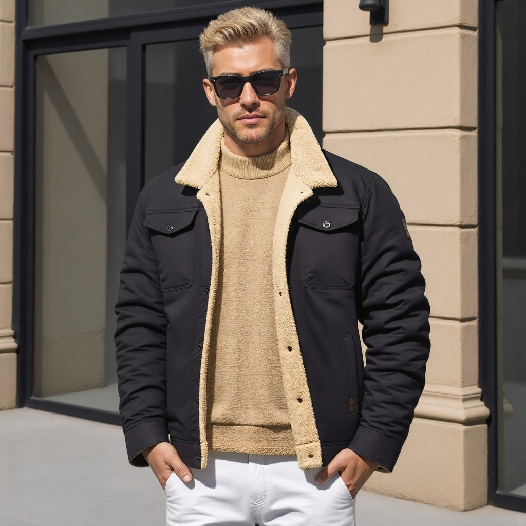 Giacca uomo in tessuto resistente, con morbida fodera in sherpa per l'inverno, look casual e maschile.