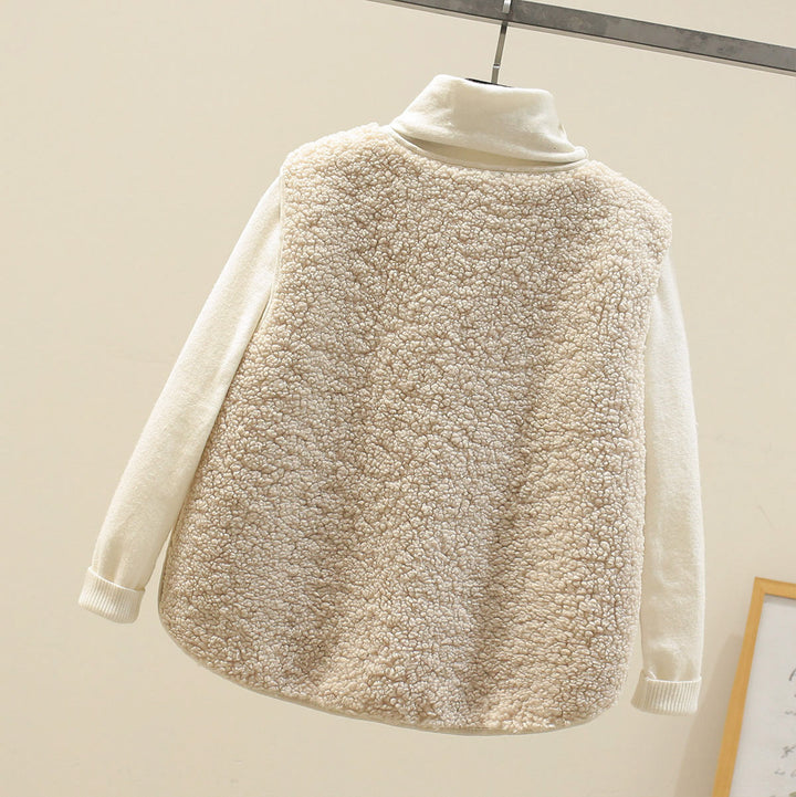 Gilet donna caldo beige/marrone senza maniche, effetto shearling. Comfort e stile autunno inverno, con abbottonatura.