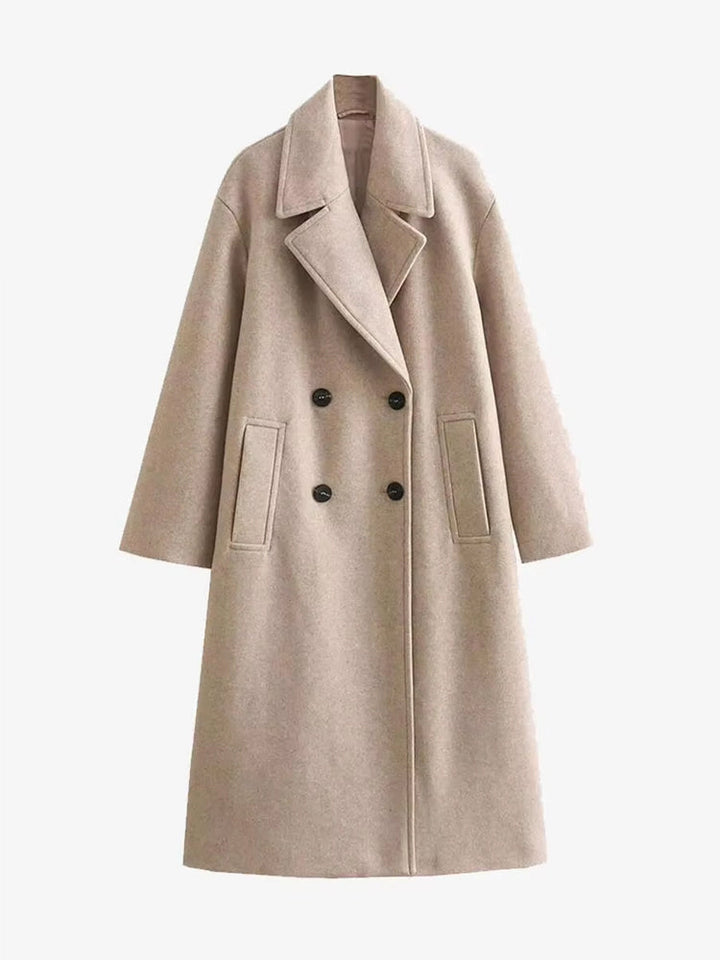 Cappotto lungo donna beige in effetto lana con revers, versatile per inverno. Perfetto per outfit casual o chic.