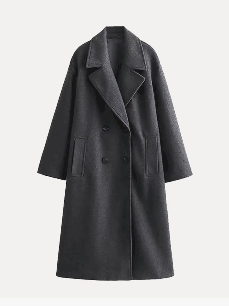 Elegante cappotto donna lungo grigio effetto lana, con raffinati revers. Must-have per l'outerwear invernale.