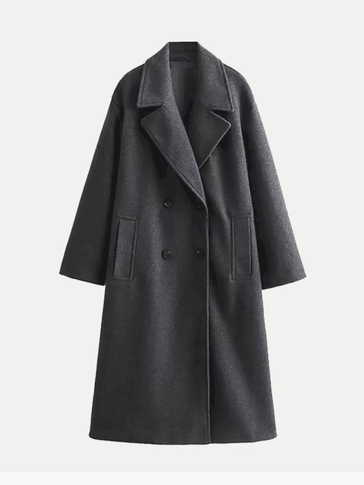 Elegante cappotto donna lungo grigio effetto lana, con raffinati revers. Must-have per l'outerwear invernale.
