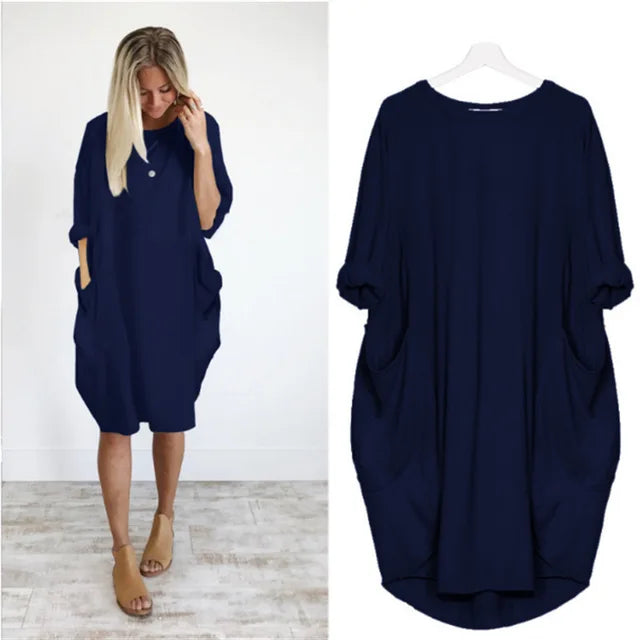 Abito midi donna oversize maniche lunghe, look elegante e versatile, perfetto per outfit casual-chic primavera/autunno.