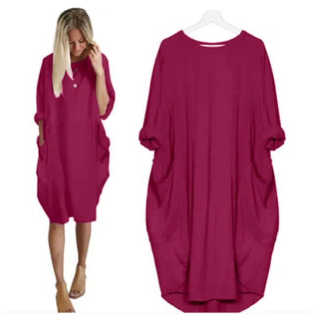 Abito midi oversize casual donna, maniche lunghe, massimo comfort e stile per tutto il giorno, moda daily.