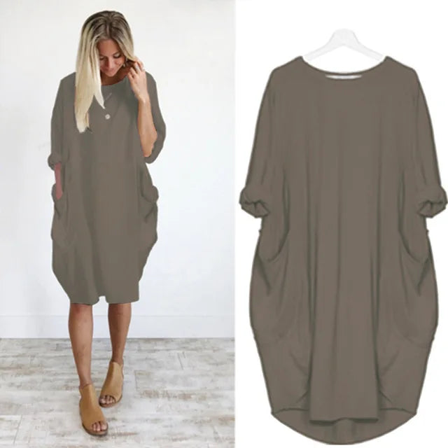 Abito midi casual oversize da donna con maniche lunghe, per un comfort alla moda e uno stile senza tempo.