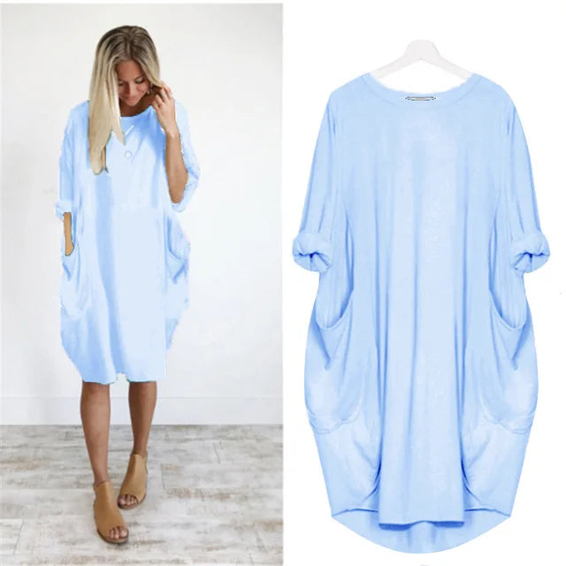 Abito midi oversize donna di tendenza, maniche lunghe, stile casual alla moda per primavera ed autunno.