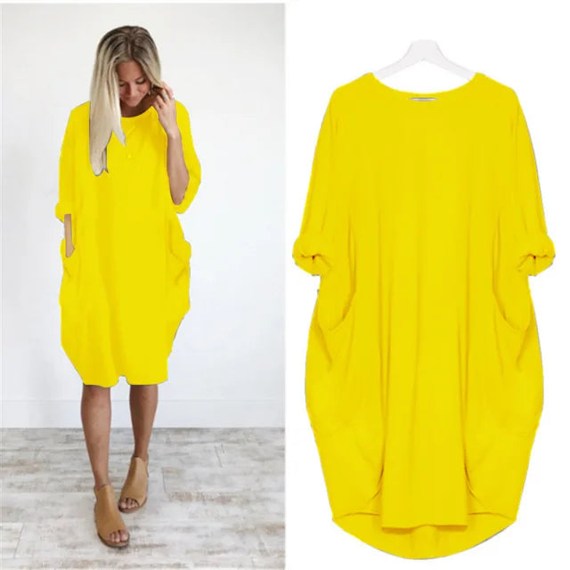 Abito midi oversize donna, maniche lunghe, must-have moda per outfit casual daily, perfetto per autunno.