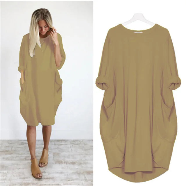 Abito midi donna oversize casual, maniche lunghe, elegante e versatile per ogni giorno, primavera/autunno.