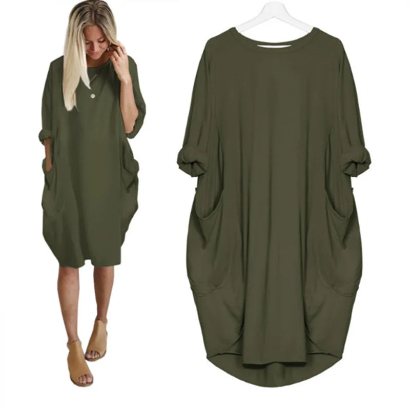 Abito midi oversize da donna, maniche lunghe, per un look casual confortevole e alla moda, versatile per daily.