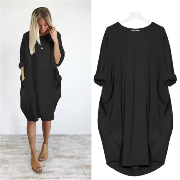 Abito midi oversize casual da donna, maniche lunghe, ideale per comfort quotidiano e stile primaverile/autunnale.