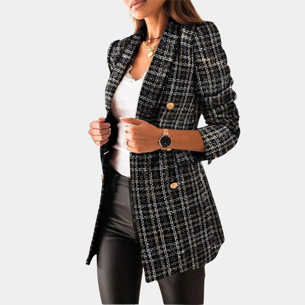 Elegante blazer donna per l'ufficio o un outfit casual chic. Giacca sartoriale, capo spalla femminile.