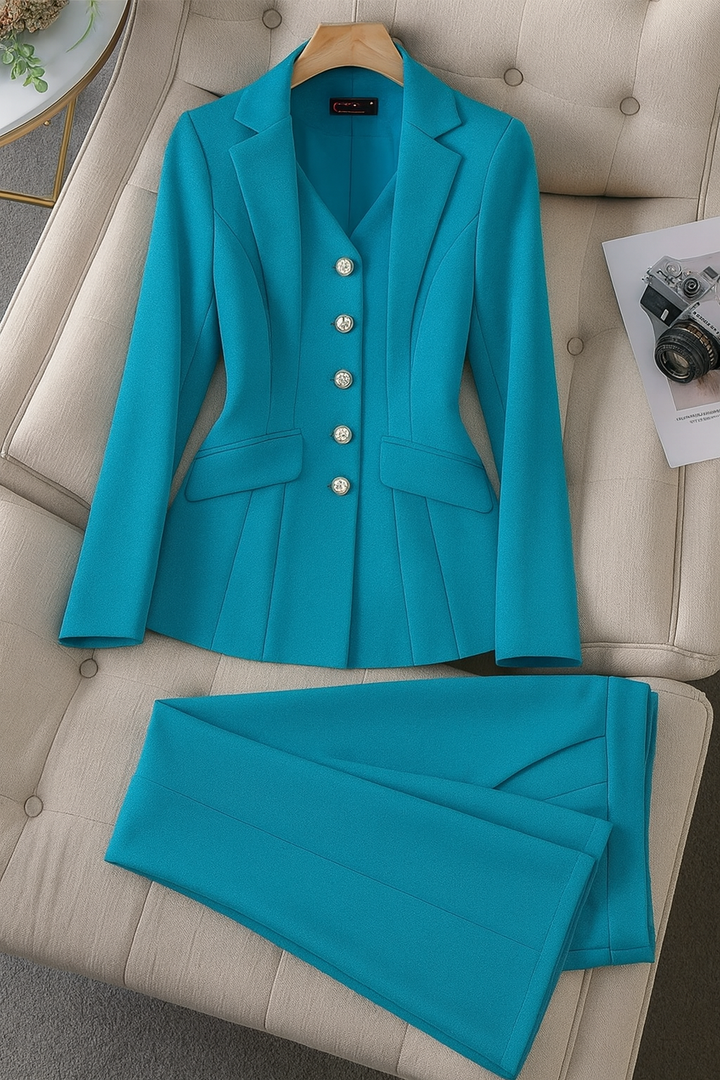Completo donna formale, con blazer sartoriale e pantaloni regular fit, per un'immagine elegante e curata.