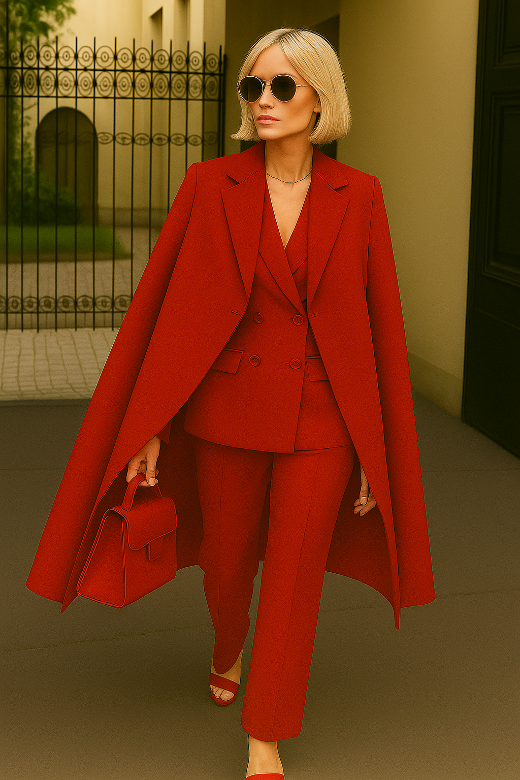Completo donna tre pezzi elegante con blazer, cappotto e pantaloni, perfetto per look formali.