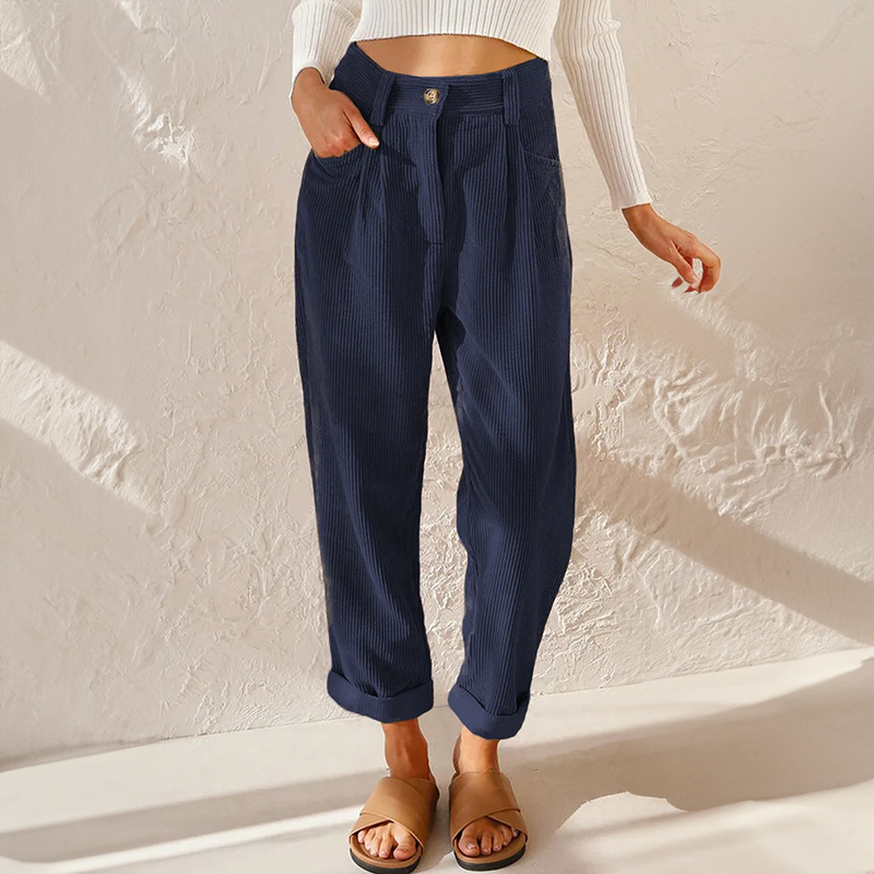 Pantaloni donna vita alta a coste con gamba larga, un capo versatile per look casual o eleganti.