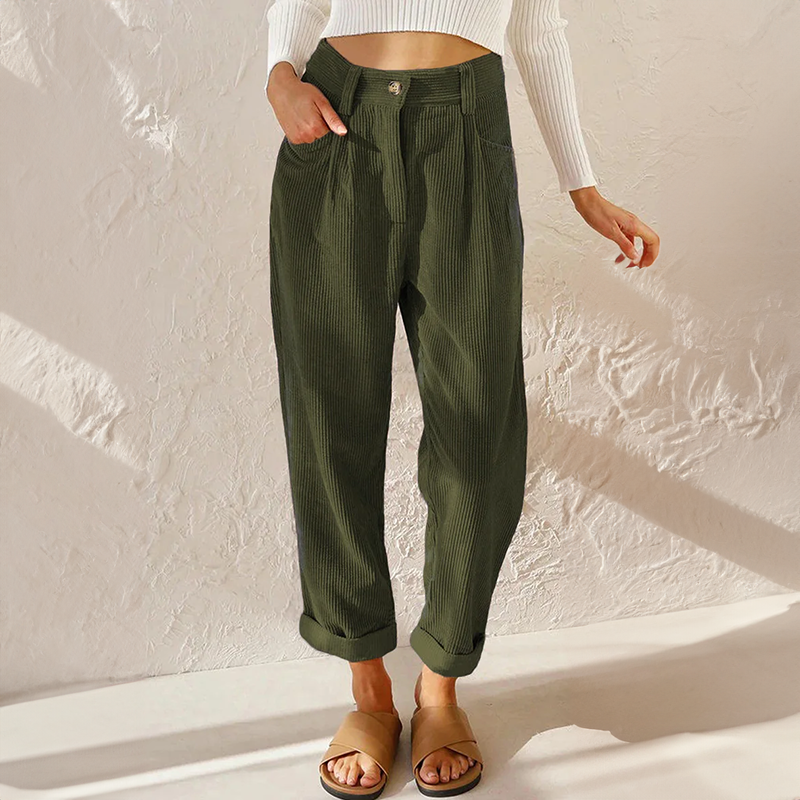 Eleganza casual: pantaloni donna a coste vita alta, perfetti per creare outfit versatili e alla moda.
