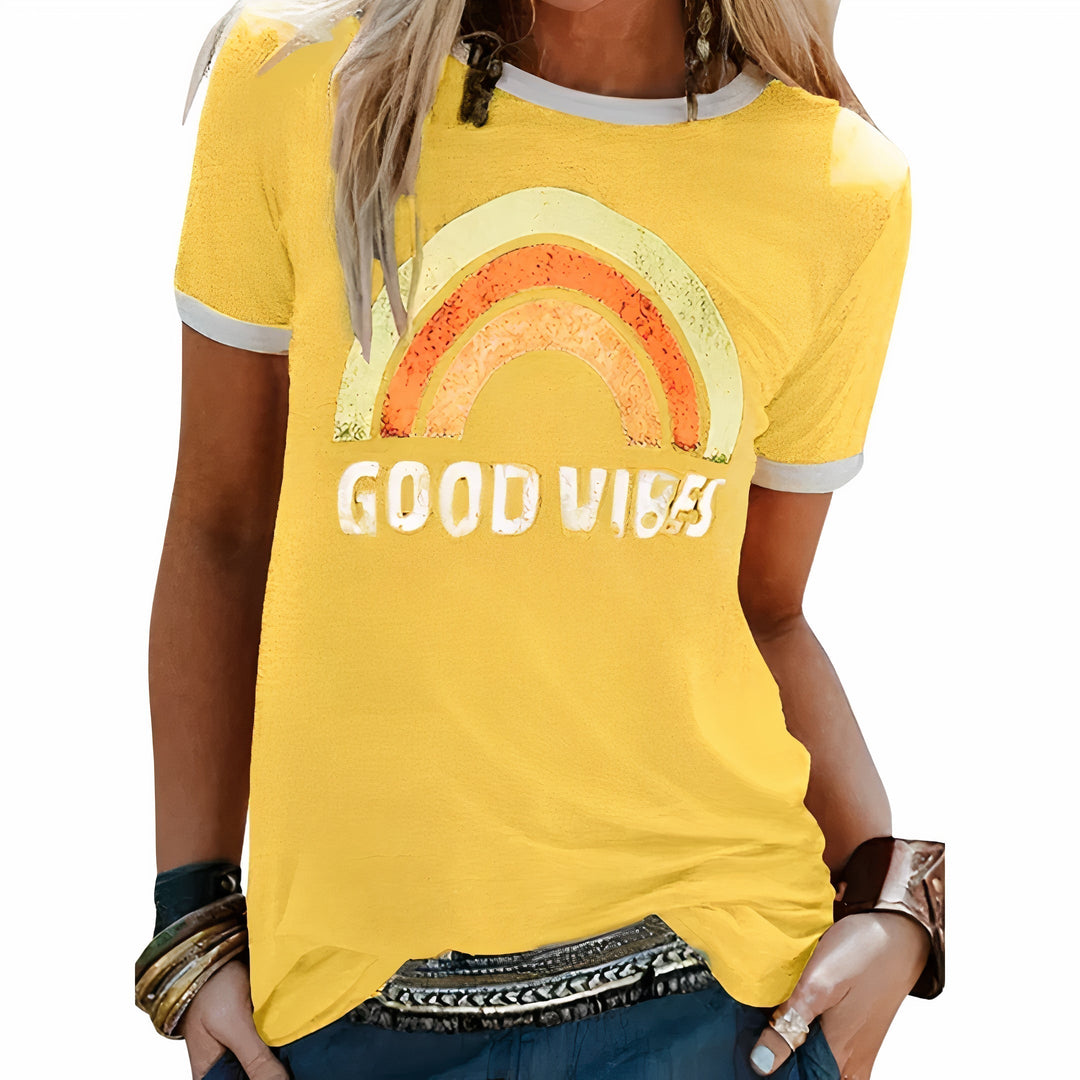 T-shirt donna casual estiva con stampa vivace, girocollo e maniche corte, comoda e alla moda.