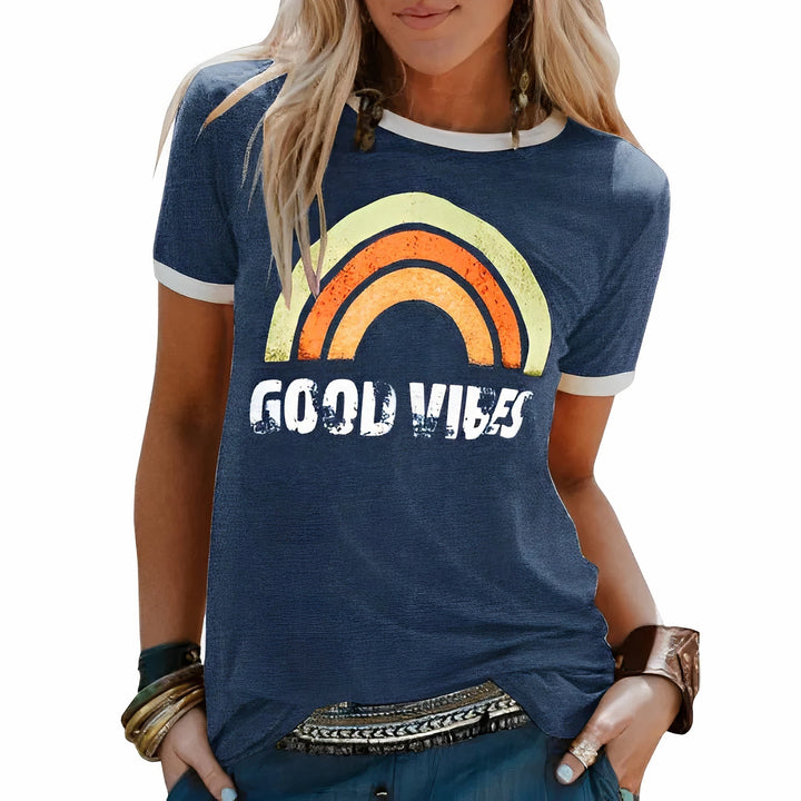 T-shirt donna casual rétro con stampa vivace, maniche corte e girocollo, perfetta per l'estate.